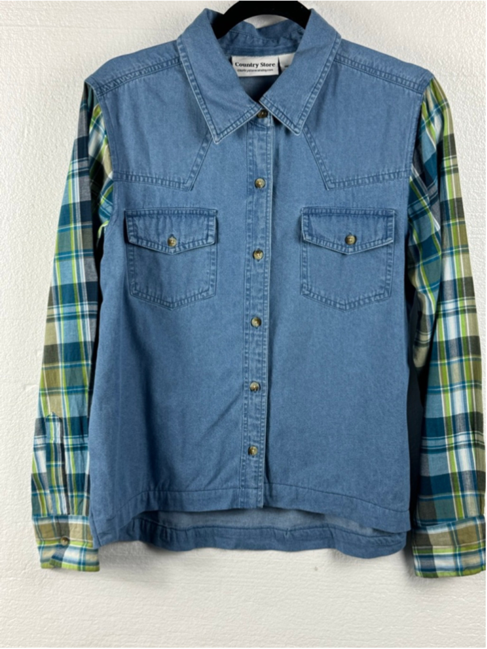 Country Store Denim & Plaid Button Down Shirt Blue Green size Large